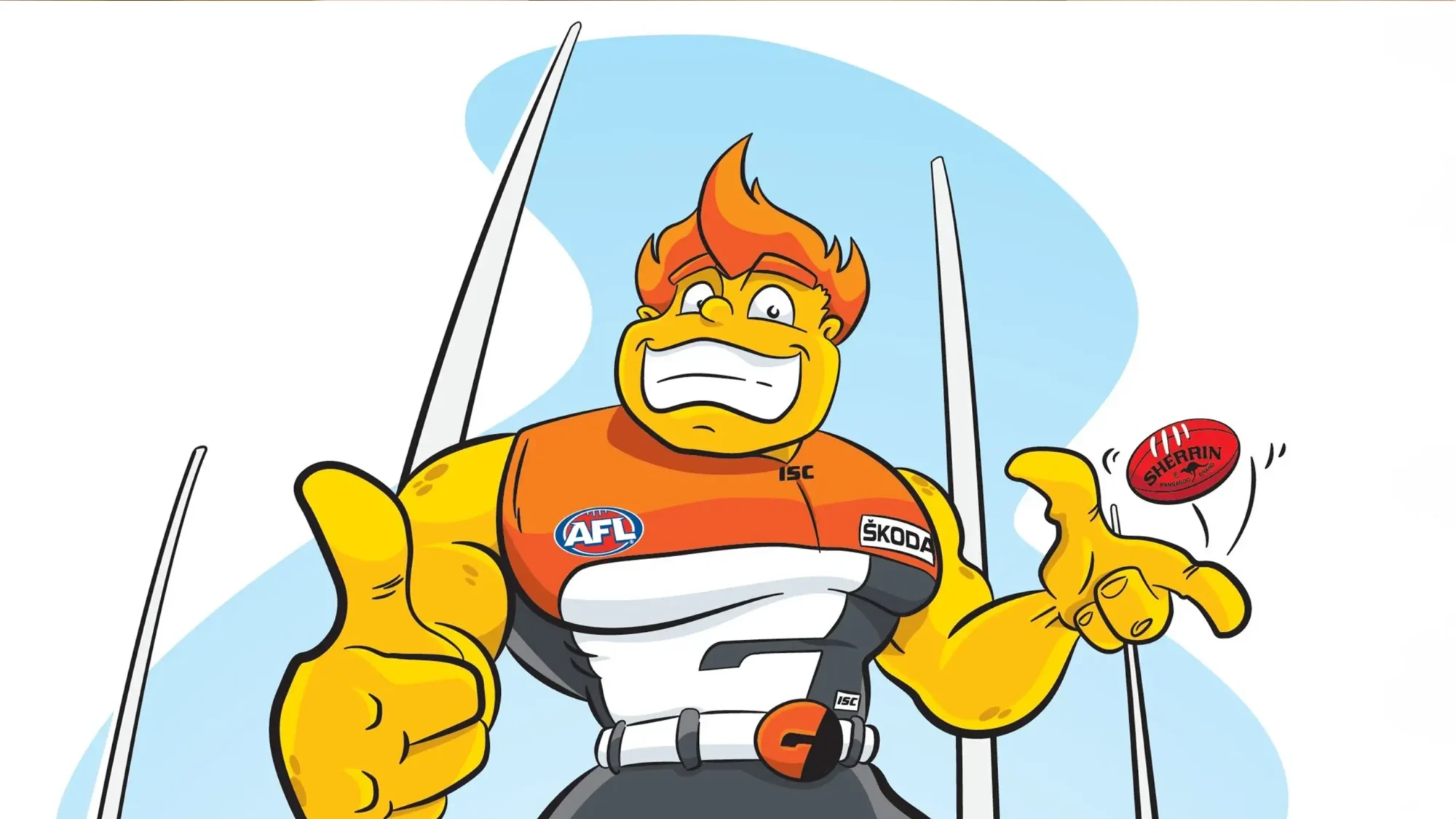 An illustrated image of AFL Giants mascot character G-Man is seen holding and throwing a ball, radiating excitement and a sense of playfulness in the illustration