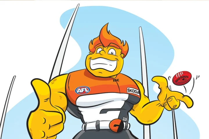 An illustrated image of AFL Giants mascot character G-Man is seen holding and throwing a ball, radiating excitement and a sense of playfulness in the illustration