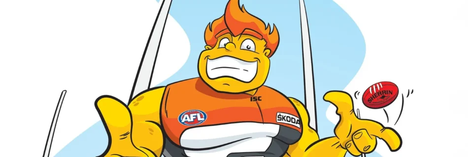 An illustrated image of AFL Giants mascot character G-Man is seen holding and throwing a ball, radiating excitement and a sense of playfulness in the illustration