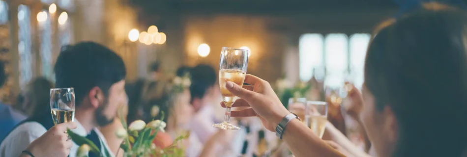 Guests raising their glasses in a toast at a wedding reception, capturing a moment of celebration and happiness