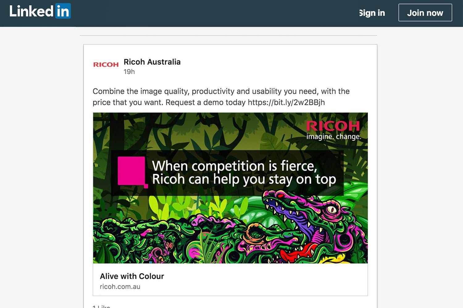 "Colorful abstract graphic showcasing vibrant hues of red, blue, green, and yellow blending together in dynamic patterns. The image features the text 'Alive with Colour' prominently in the center, with the Ricoh logo displayed below. This visually engaging design emphasizes energy, creativity, and innovation, reflecting Ricoh's commitment to dynamic and colorful printing solutions. The background includes a spectrum of colors that seamlessly merge, creating a lively, eye-catching effect likely intended for a LinkedIn promotional post."
