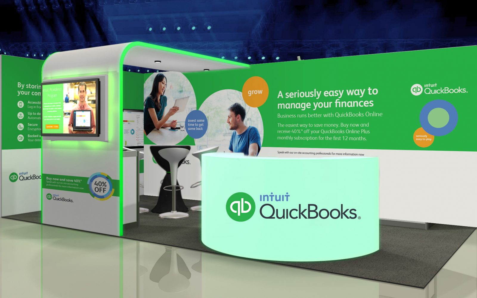 Intuit trade show booth design featuring a sleek, modern setup with vibrant blue and white colors. The booth includes large, illuminated Intuit branding, digital screens showcasing product demos, interactive kiosks, and comfortable seating areas for visitors. The space is inviting with well-organized sections for product information, consultation areas, and promotional materials. The design emphasizes innovation and customer engagement, creating an attractive, professional atmosphere.