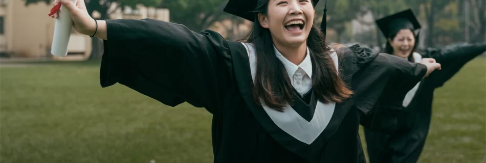Curtin University 2024 Chinese girl celebrating by running on campus after graduating with degree in her hand